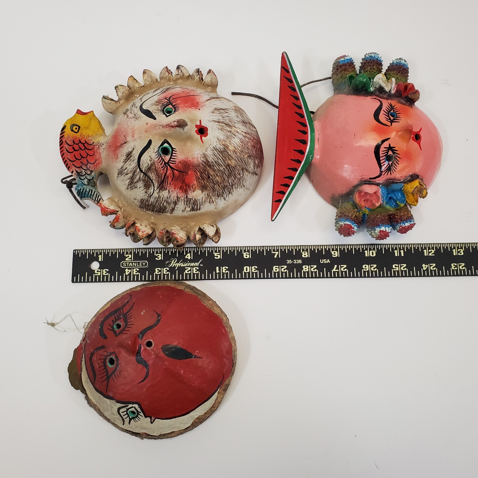 Vintage Lot of 3 Mexican Coconut Shell Folk Art Masks Guerrero Wall Decor