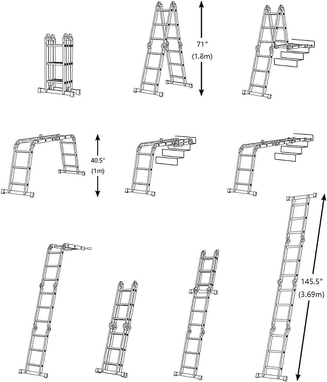 7 in 1 Folding Step Ladder 12.5ft Multi Purpose Aluminum Extension Ladder