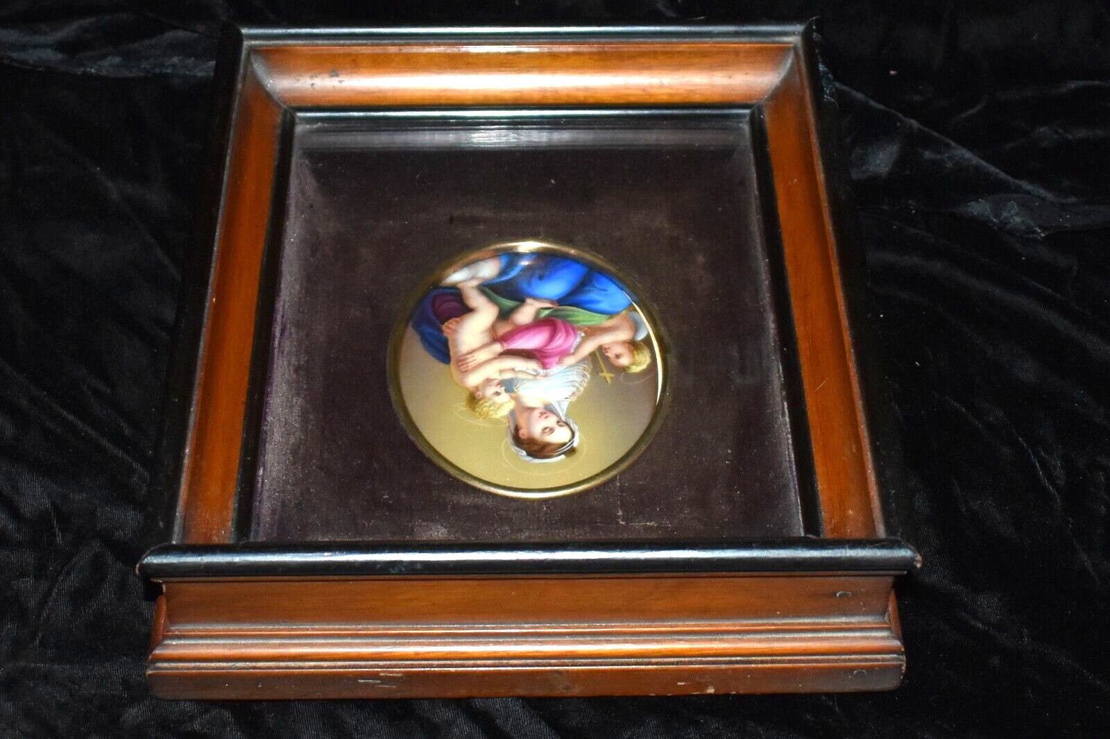 Antique KPM Style Germany Porcelain Plaque Madonna Child & Cherub Framed