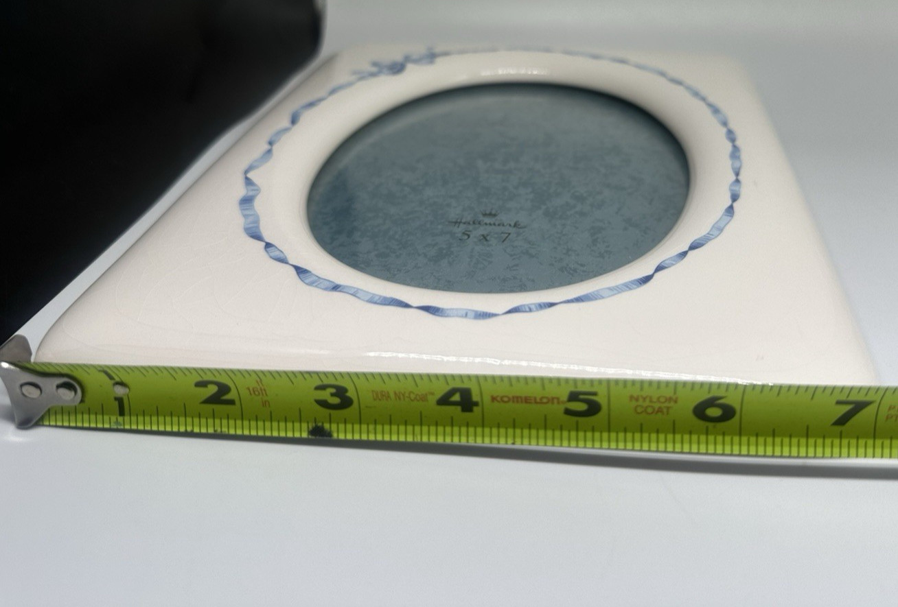 Vintage Hallmark White and Blue Ceramic Picture Frame Oval Fits 5x7 Blue Bow