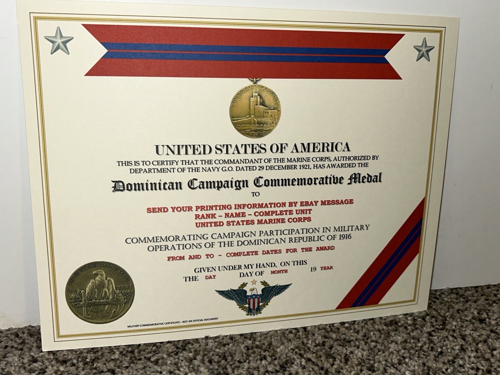 DOMINICAN CAMPAIGN (USMC) COMMEMORATIVE MEDAL CERTIFICATE ~ W/PRINTING TYPE-1