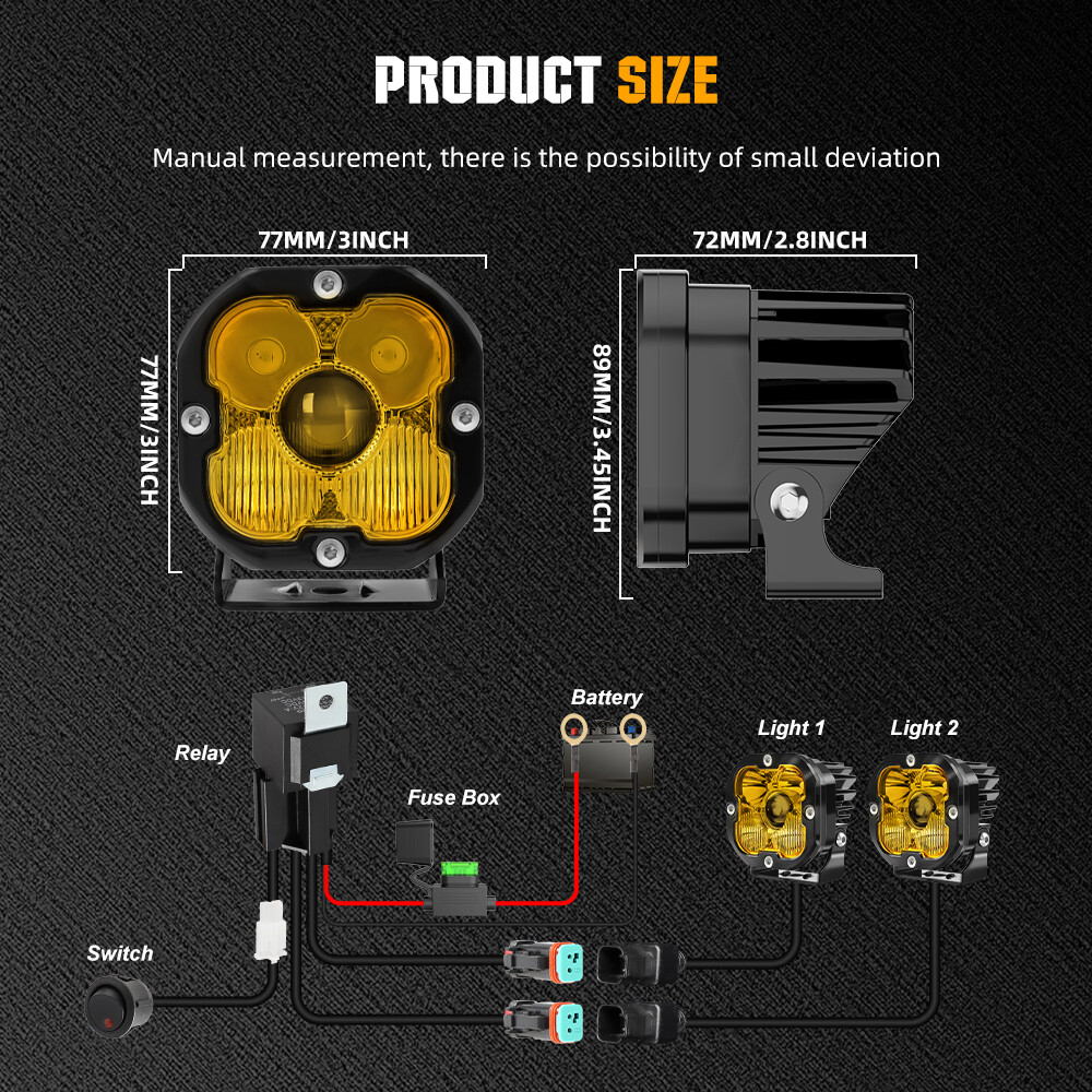 2X 3inch Amber Laser LED Driving Lights Combo Offroad Fog w/ Wire Truck SUV 4X4