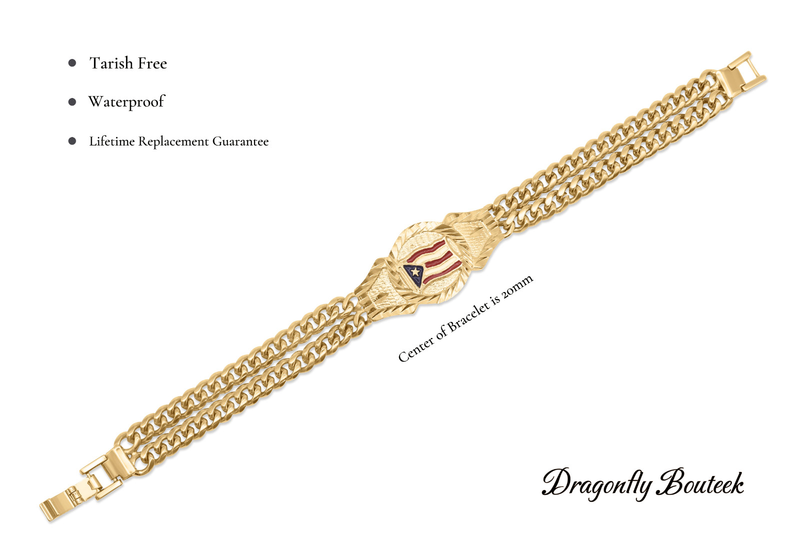 Gold Puerto Rico Flag Bracelet, 14k Gold plated, No Fade, Waterproof