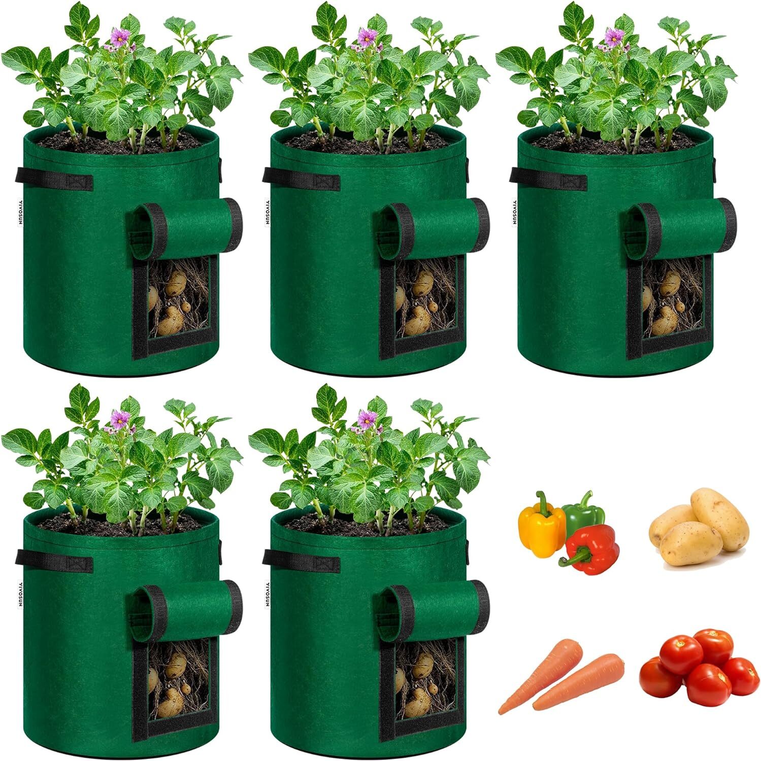 VIVOSUN 5-Pack 7Gallon Potato Grow Bags Fabric Pots w/ Handle and Roll-up Window