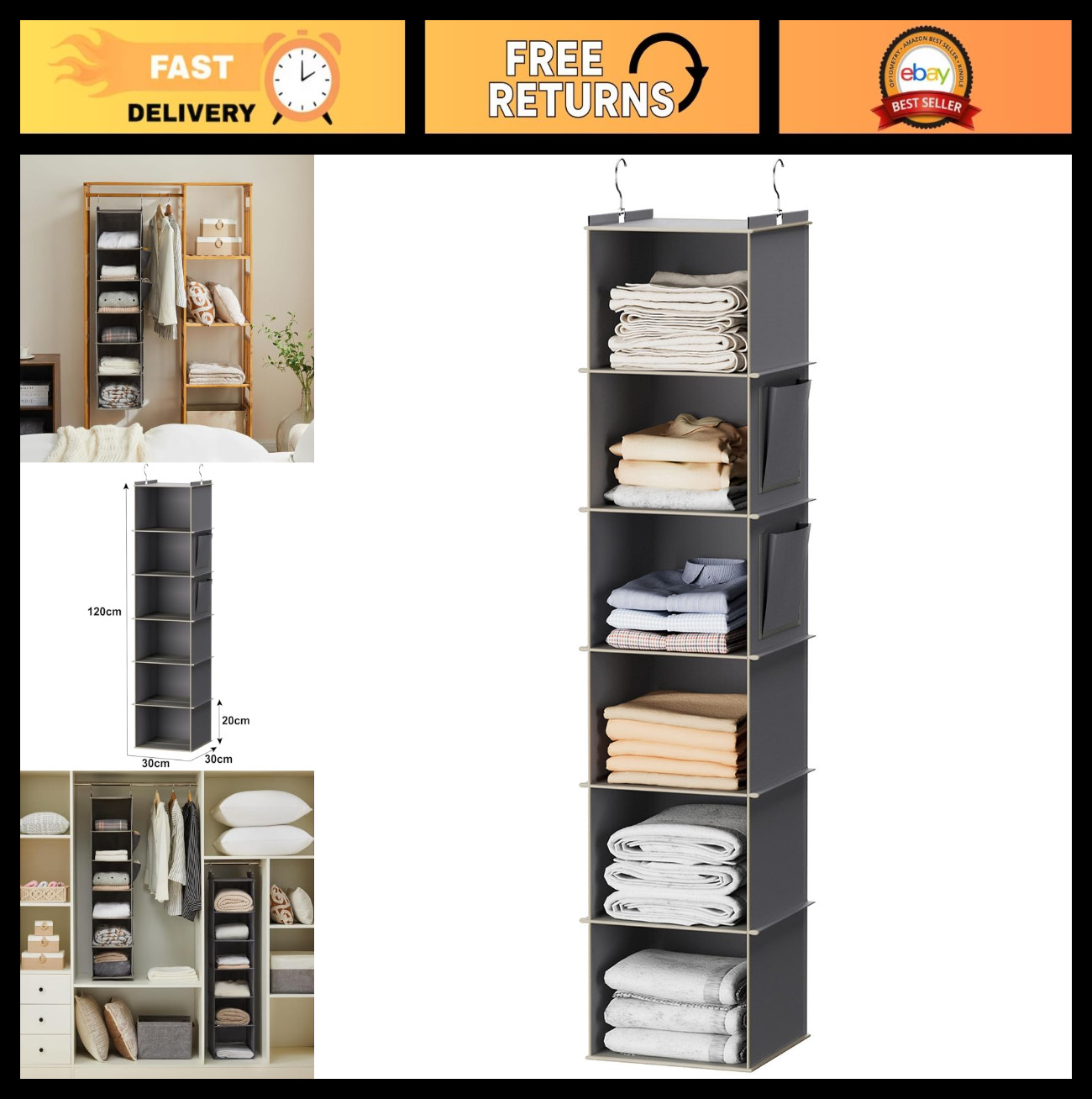 6-Shelf Hanging Closet Organizer, Grey Storage Shelves for Clothes & Accessories