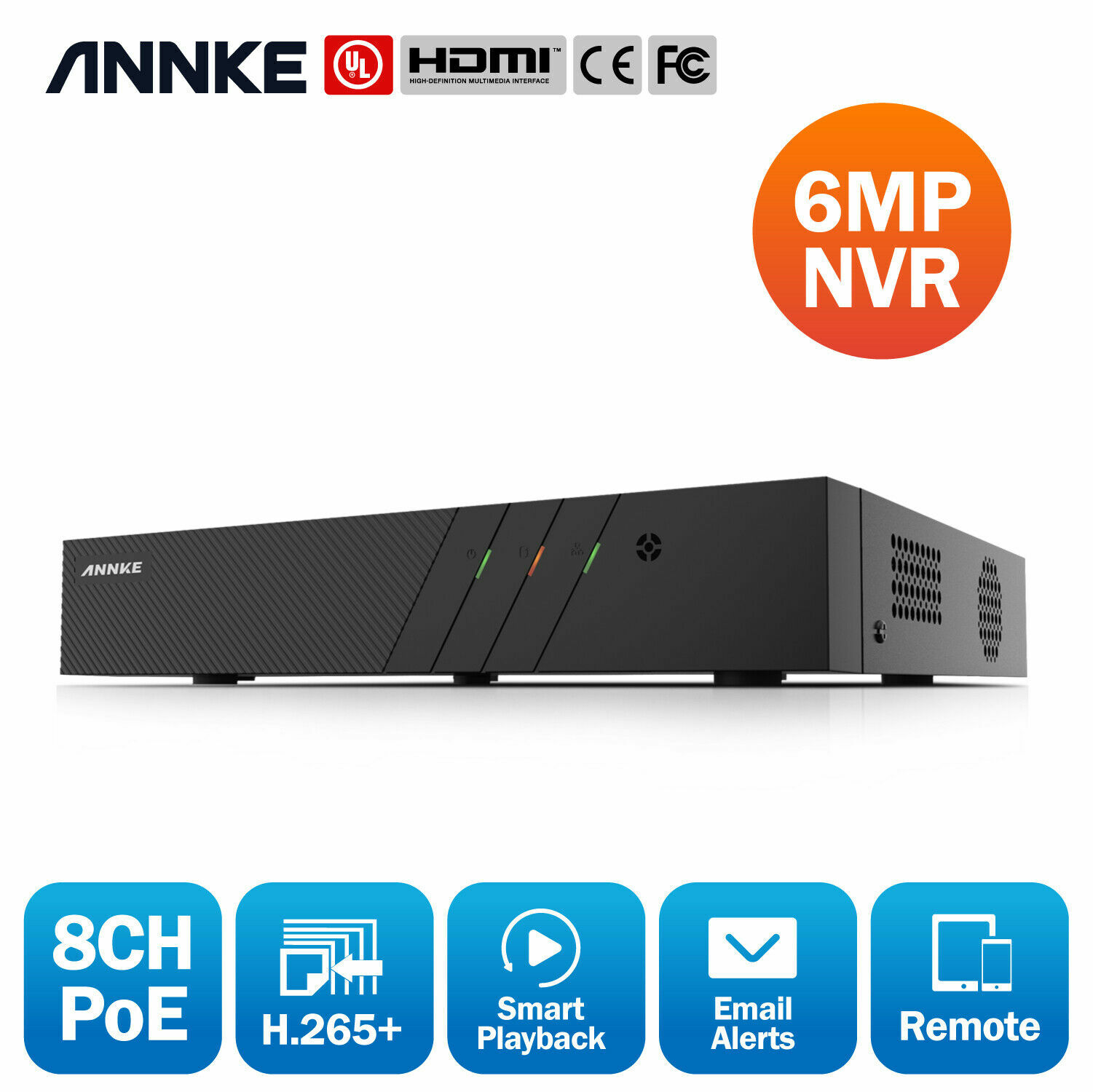 ANNKE 8CH Channel H.265+ 6MP Security NVR Recorder for 2MP/4MP/6MP POE IP Camera