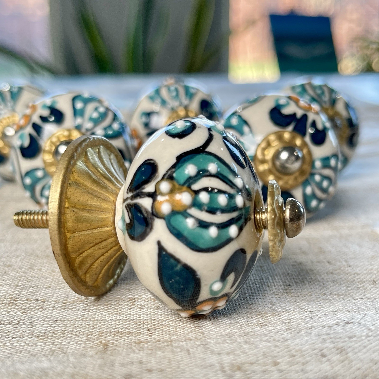 6 Hand Painted Ceramic Boho Floral Drawer Knobs Turquoise Blue Gold White Orange