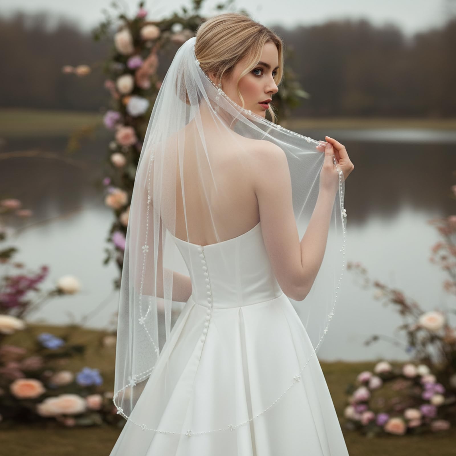 1 Tier Pearls Flower Beaded Edge Wedding Bridal Veil Fingertip Length Women Cap