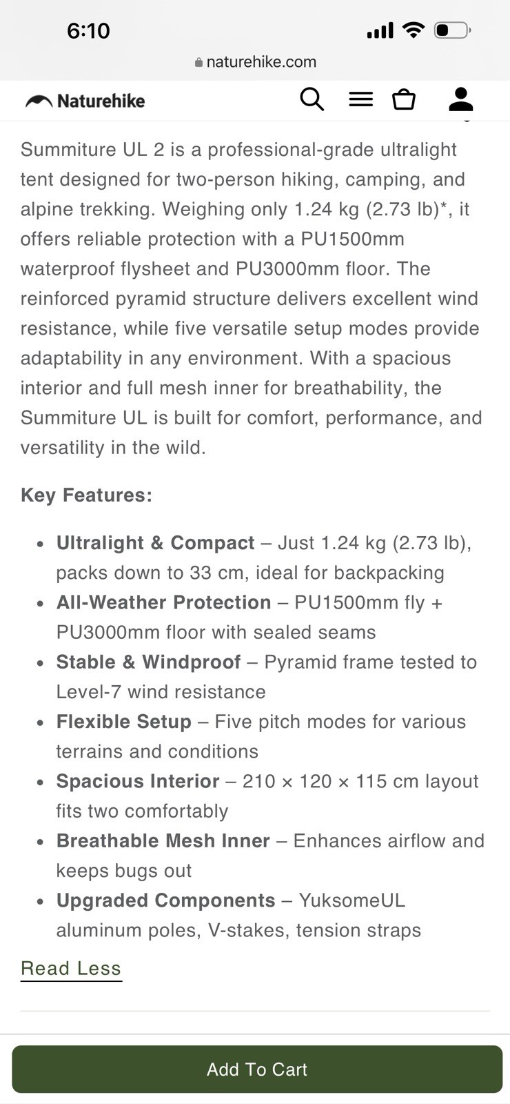 Naturehike Summiture 2 Person Ultralight Backpacking Tent New $5 Shipping US