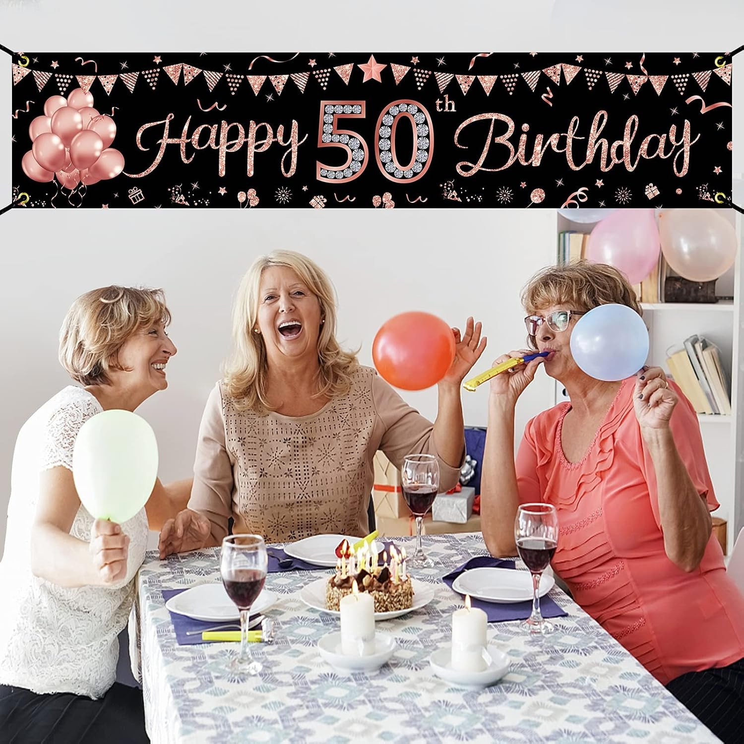 Happy 50th Birthday Banner Decorations for Women, Rose Gold 50 Birthday Sign Par