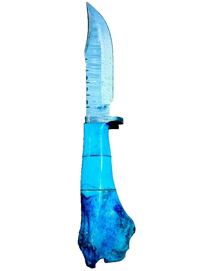 Blue Stag Bone Handle Damascus Fixed Blade Knife, Custom Made