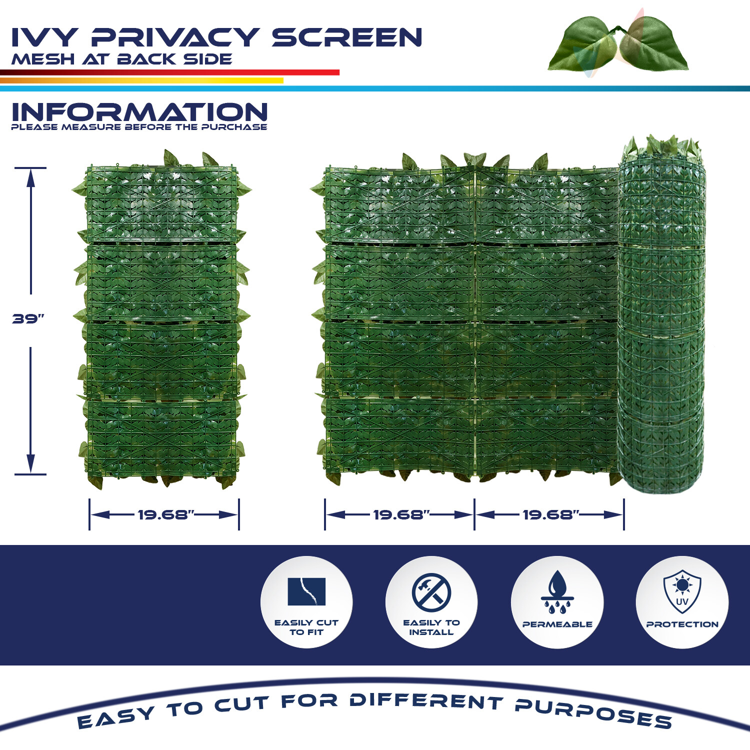 39" x 117" Artificial Faux Ivy Leaf Privacy Fence Panel Screen Hedge Decor
