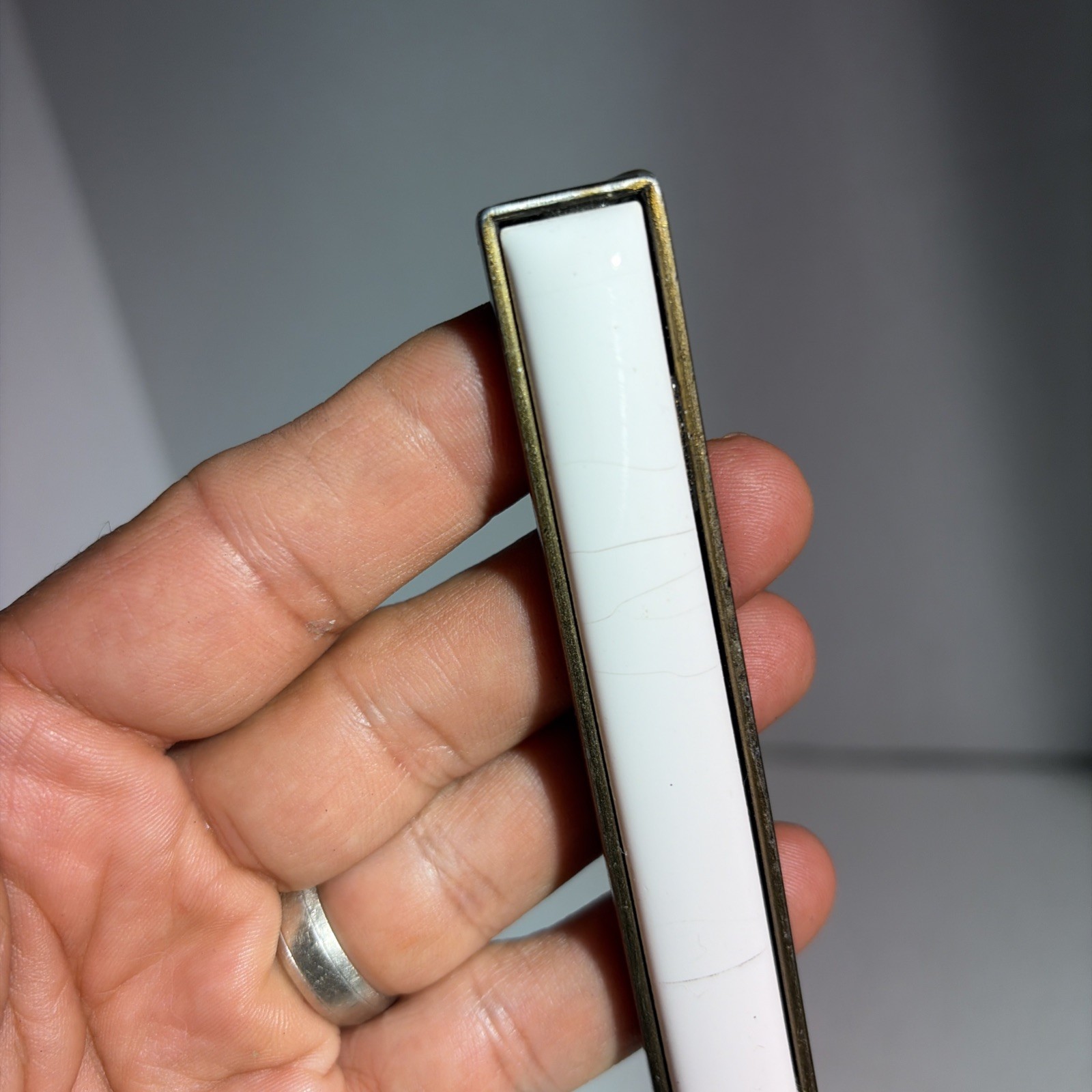 Vintage Single Mid Century Modern Gold Tone White Ceramic Drawer Pull Handle