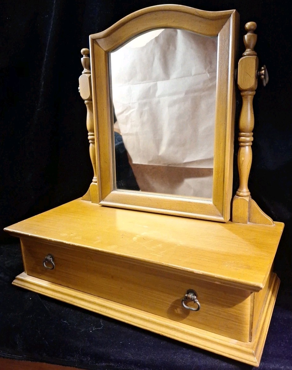 Antique Wood Tabletop Vanity Dressing Table Swivel Mirror with Storage Drawer