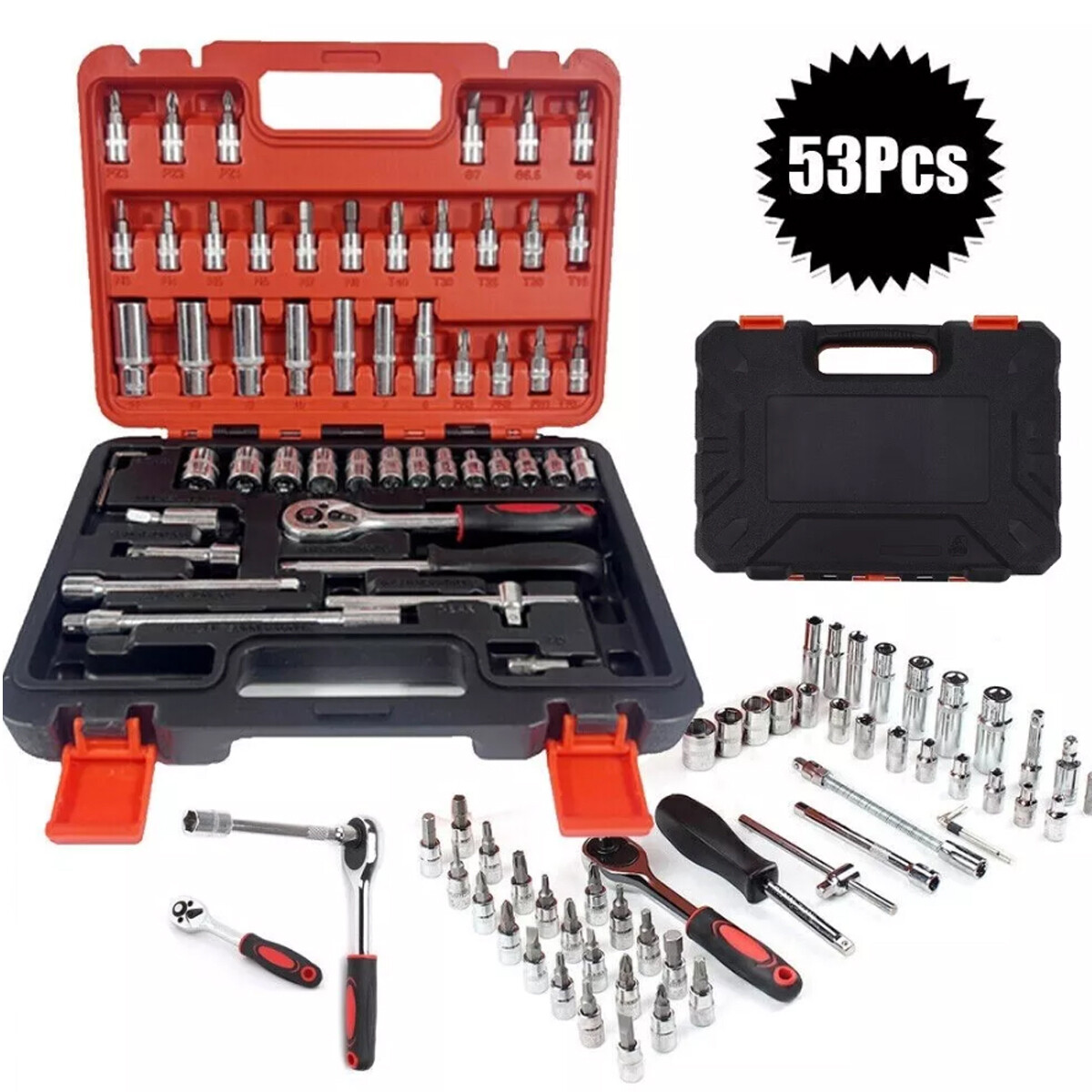 53 Pc SAE and Metric Mechanics Tool Set and Ratchet Socket Set 1/4in 3/8in Drive