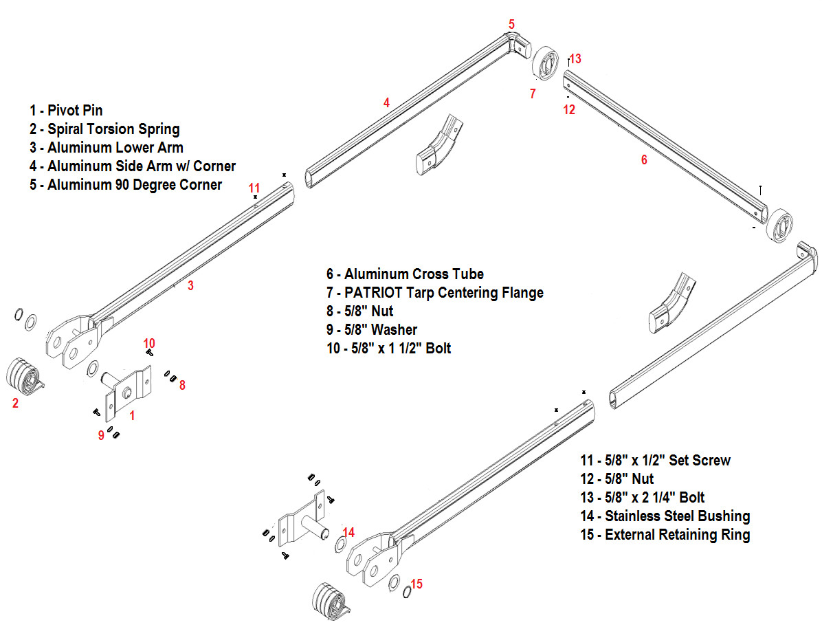 4 Spring Aluminum Dump Truck Tarp Arm Kit. Complete From Pin to Pin with 45's