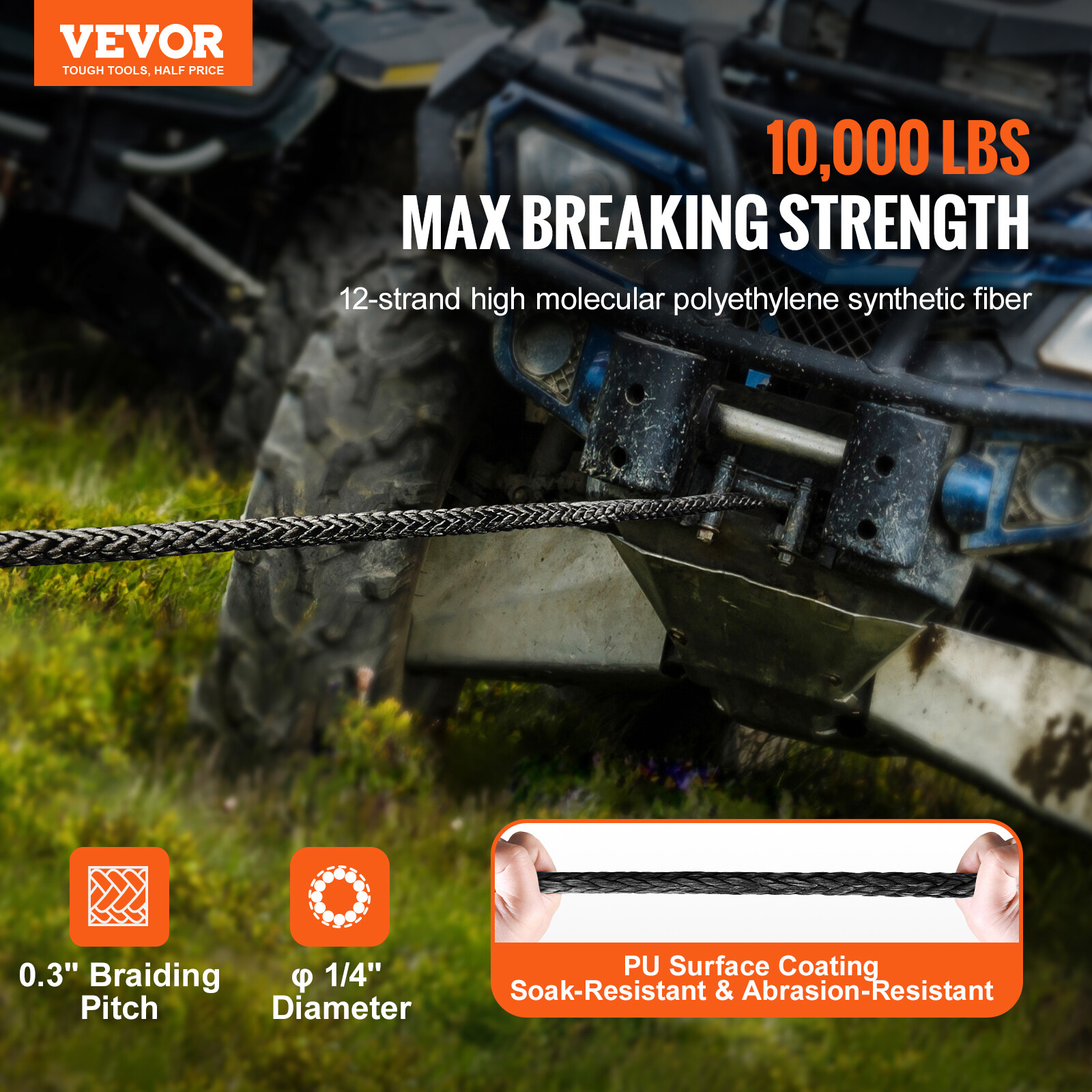 VEVOR Synthetic Winch Rope Winch Line Cable 1/4" x 50' 10000 lbs for ATV UTV