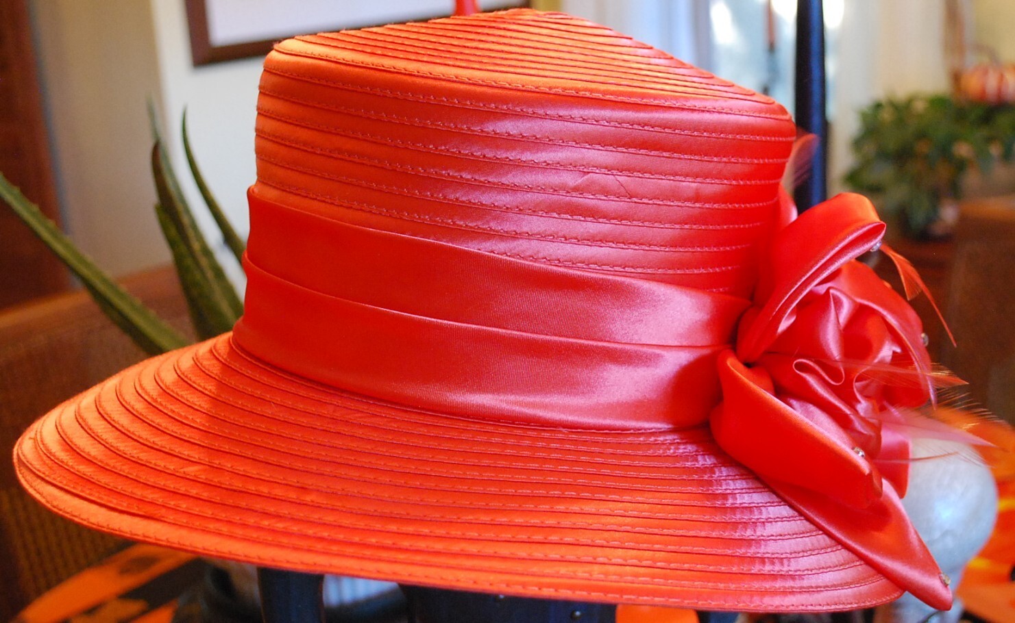 Vintage SOPHIA COLLECTION Ladies ORANGE Church Hat w Rhinestones & Feathers