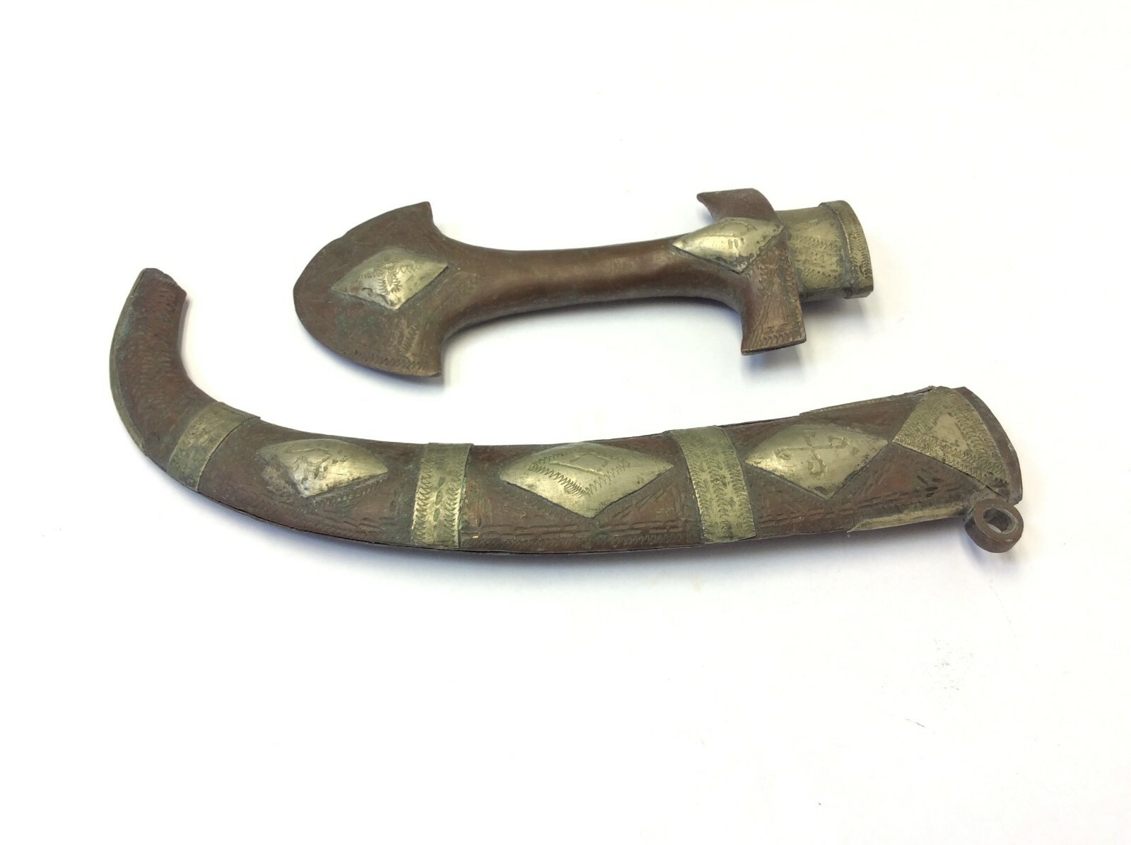 Antique Moroccan Koummya Dagger Brass & Silver Inlay Sheath Curved Blade