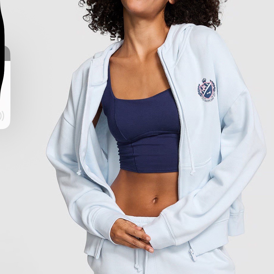 New Victoria’s Secret Pink Full Zip Hoodie (L) Drawstring Logo Light Blue NWT