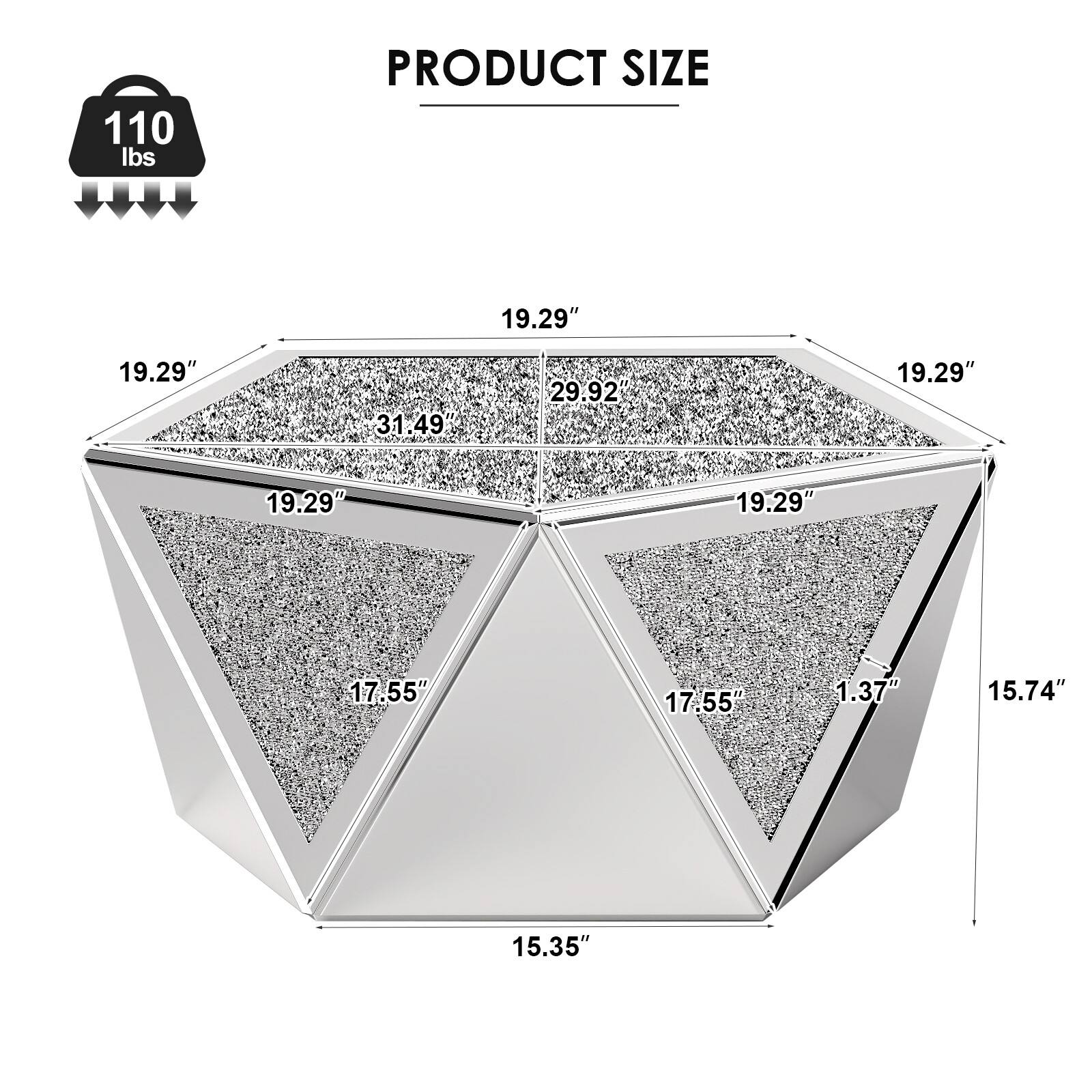 Silver Pentagonal Mirrored Coffee Table Side Table with Crushed Diamond Tabletop