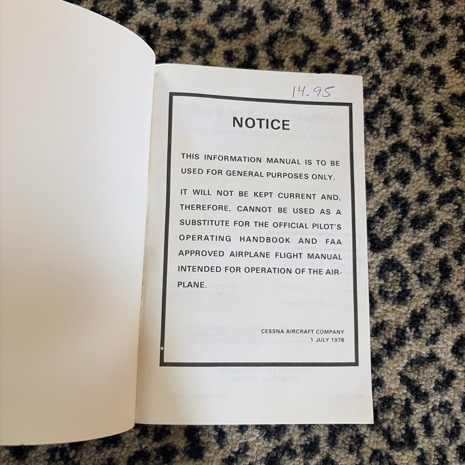 1979 Cessna Skyhawk Model 172N Information Manual D1138-13 Pilot's Operating PB