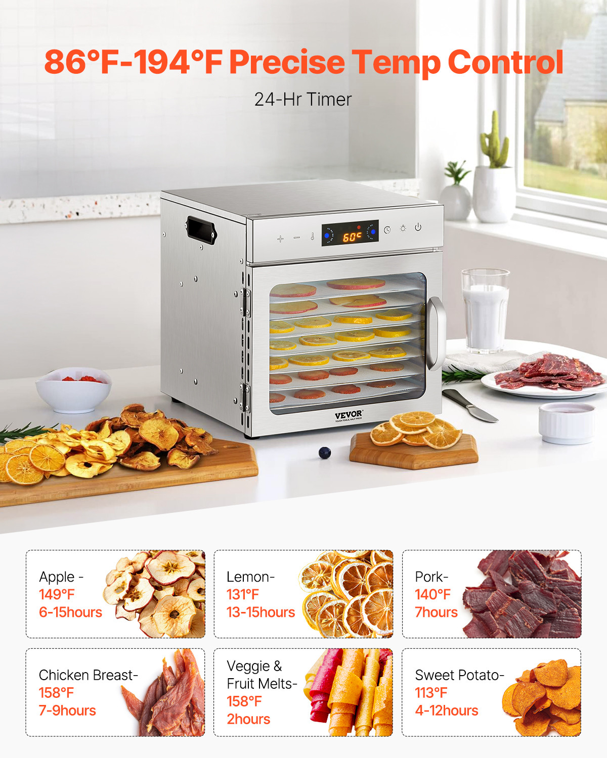 VEVOR 8 Trays Food Dehydrator Machine Stainless Steel 400W Jerky Fruit Drying