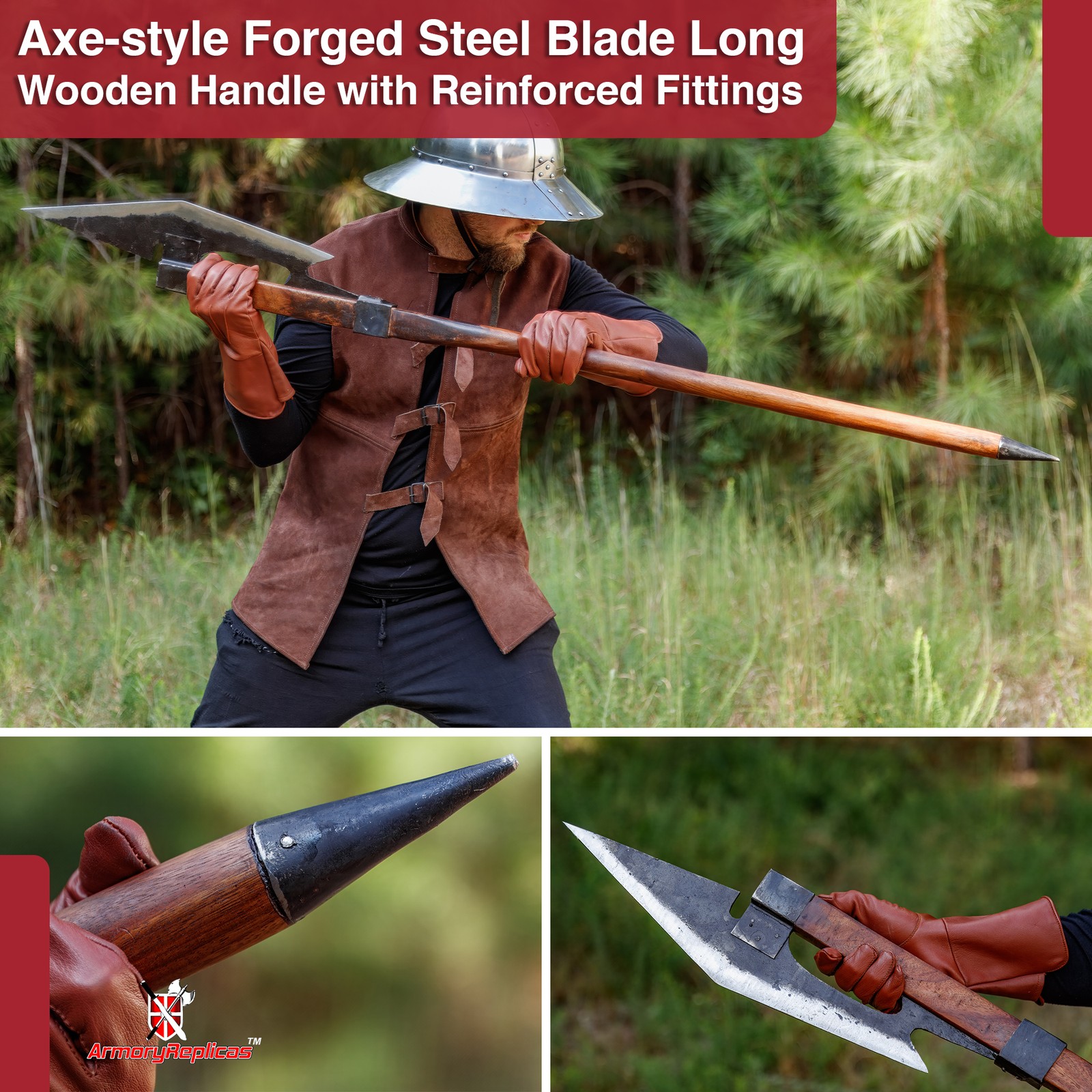 63" Medieval Battle Axe Polearm Forged Steel Full Size Weapon Viking Display