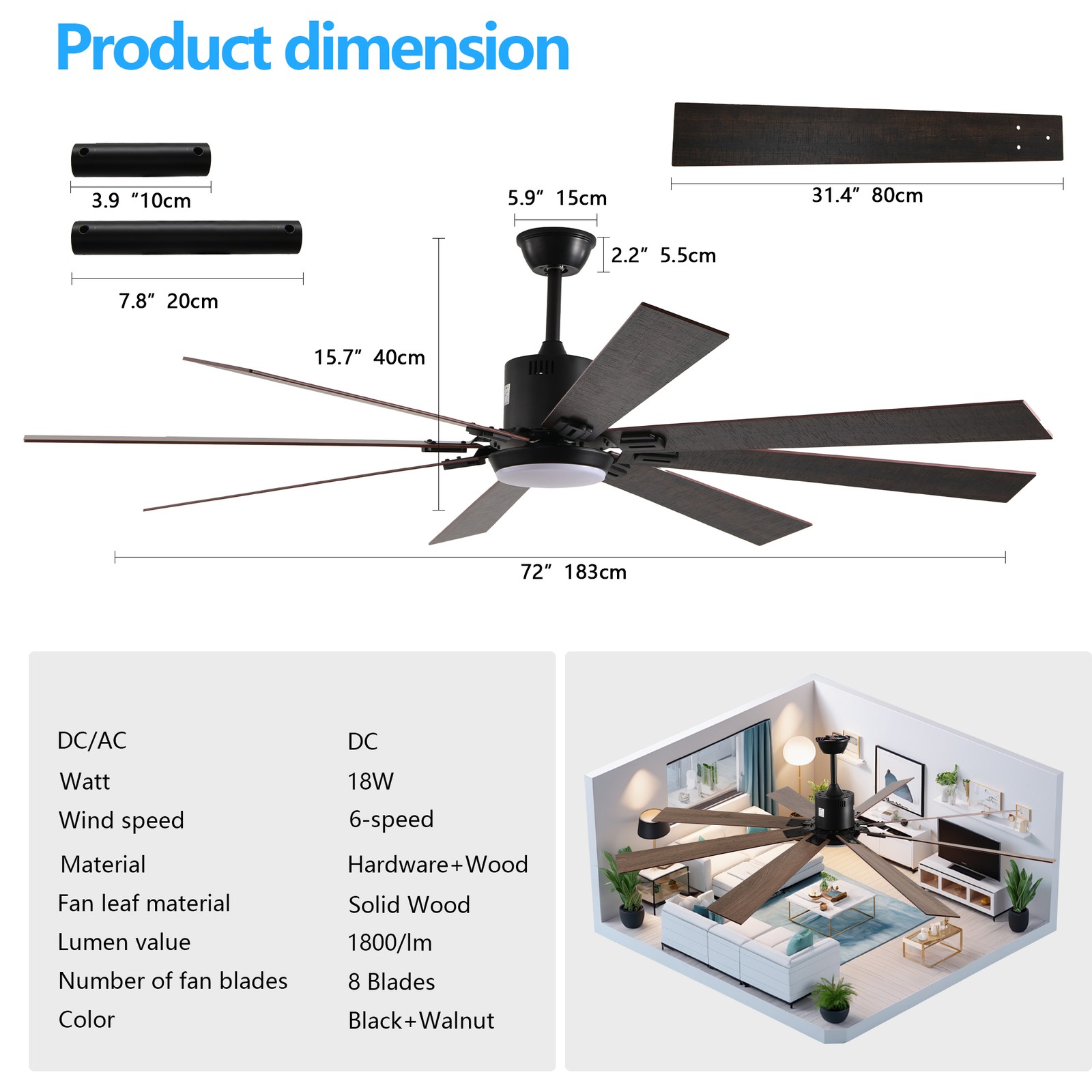 72 in Walnut Black Ceiling Fan with Light, Remote, Reversible Motor