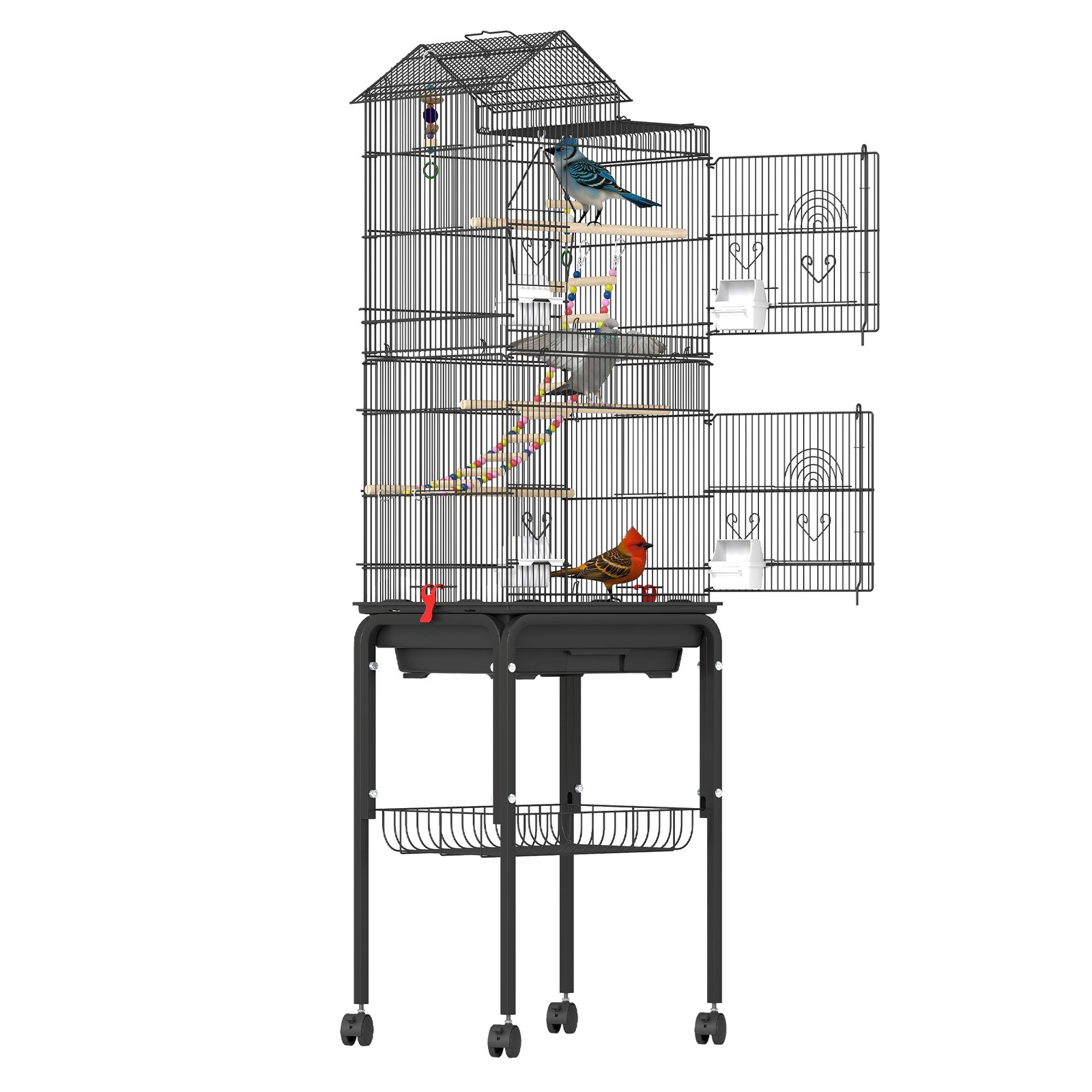 62 Inch Large Spacious Bird Cage​ ​Metal Flight Cage​ with ​Rolling Stand Black