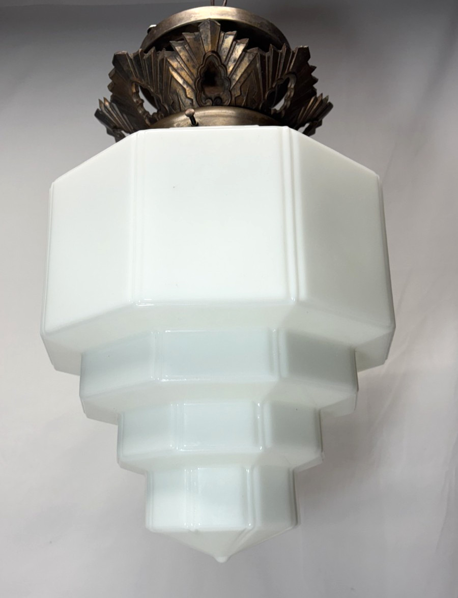 Skyscraper Light Fixture Ceiling Flush Brass Vtg Art Deco Glass Shade USA #L39