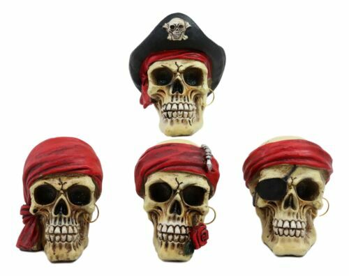 Ebros Set of 4 Skeleton Pirate Captain Marauders Caribbean Sea Skulls Figurine