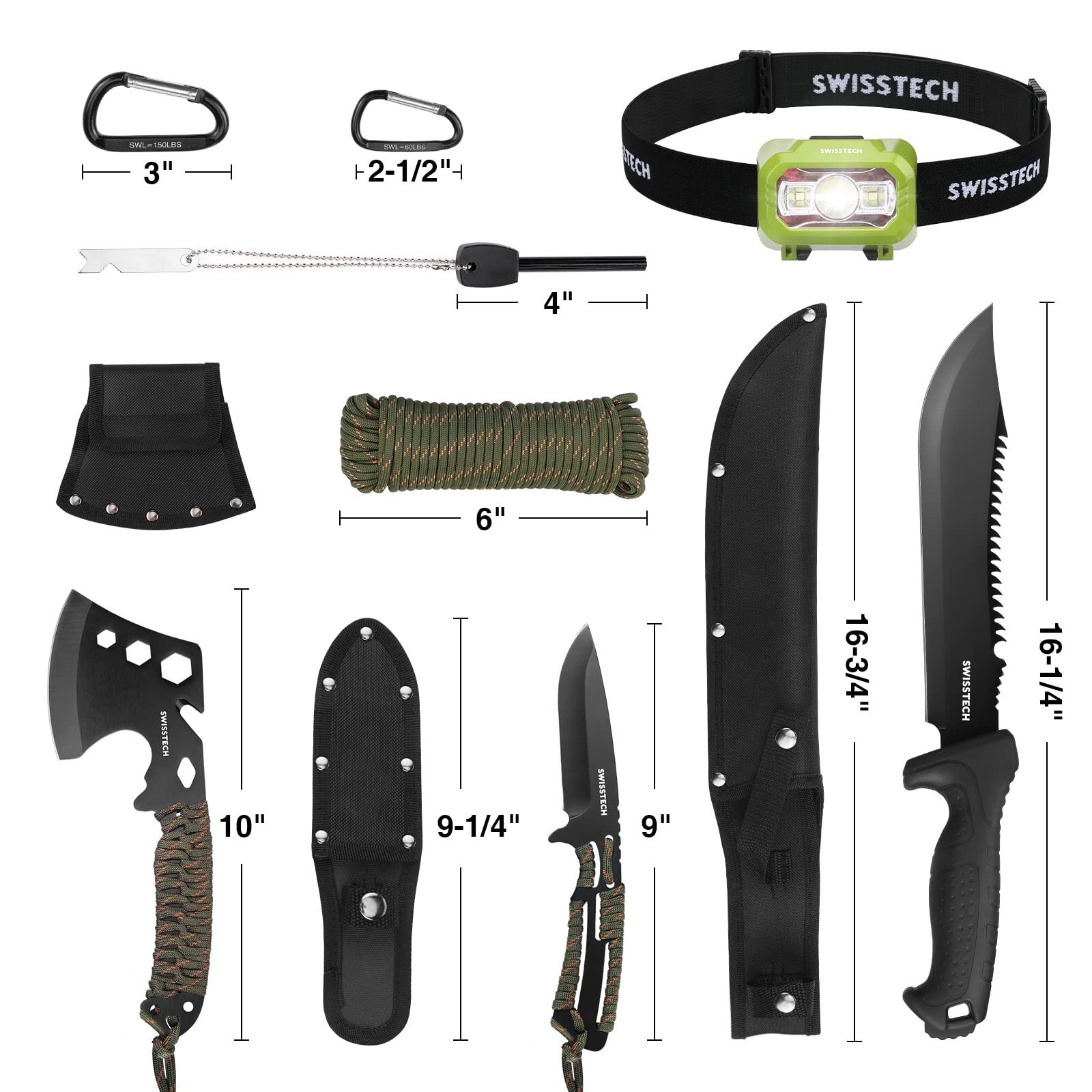 Swiss+Tech 8Pack Hatchet and Machete Axe Fixed Blade Hunting Knife w/Rope Handle