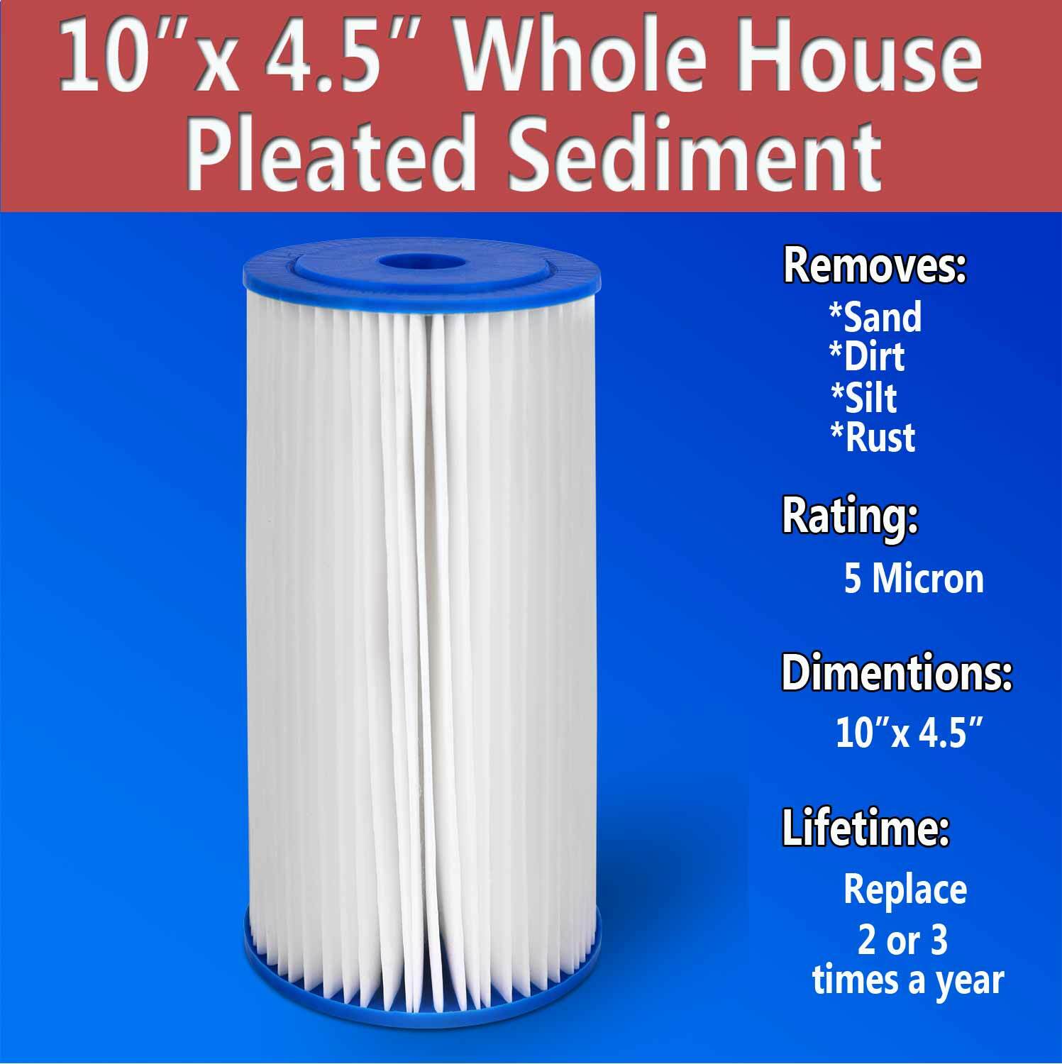 Big Blue Pleated Sediment Water Filter Washable 5 Micron Cartridges 4.5 x 10
