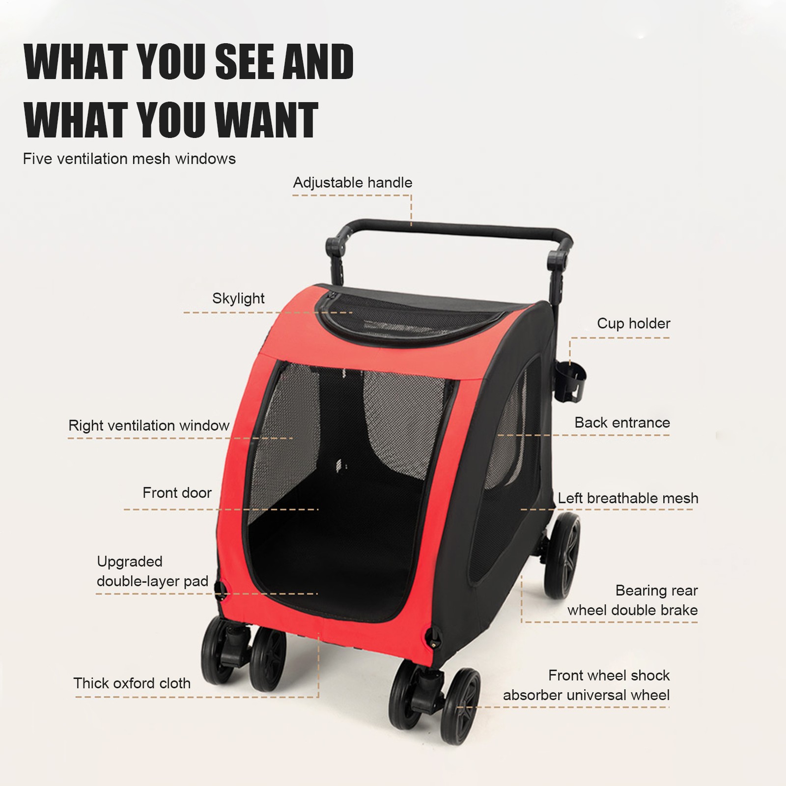 Extra Large Pet Stroller for Medium & Large Dogs - Foldable Design Up to 88 lbs
