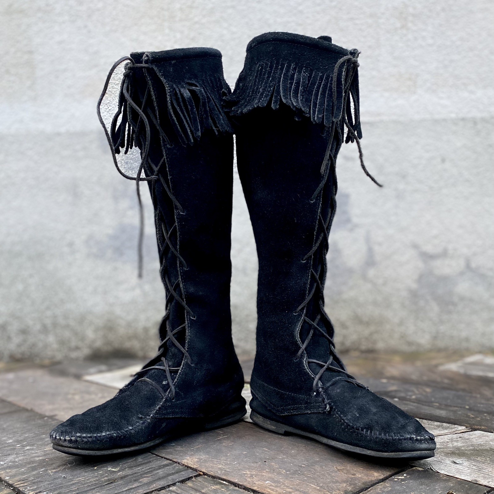 Vintage 1950s Native American Sioux Black Suede Knee High Fringe Boots Moccasins