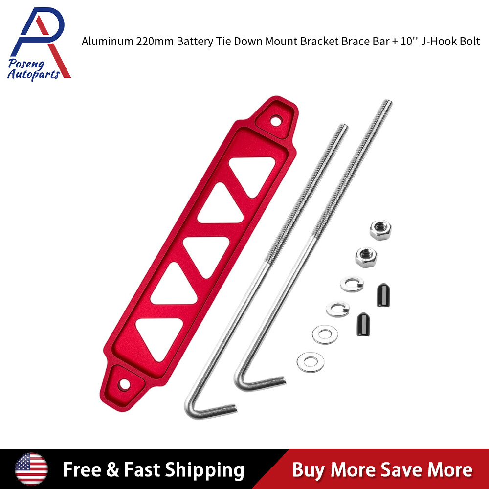 Aluminum Car Battery Hold Tie Down Bracket Mount Kit + 10''  J-Hooks Bolts