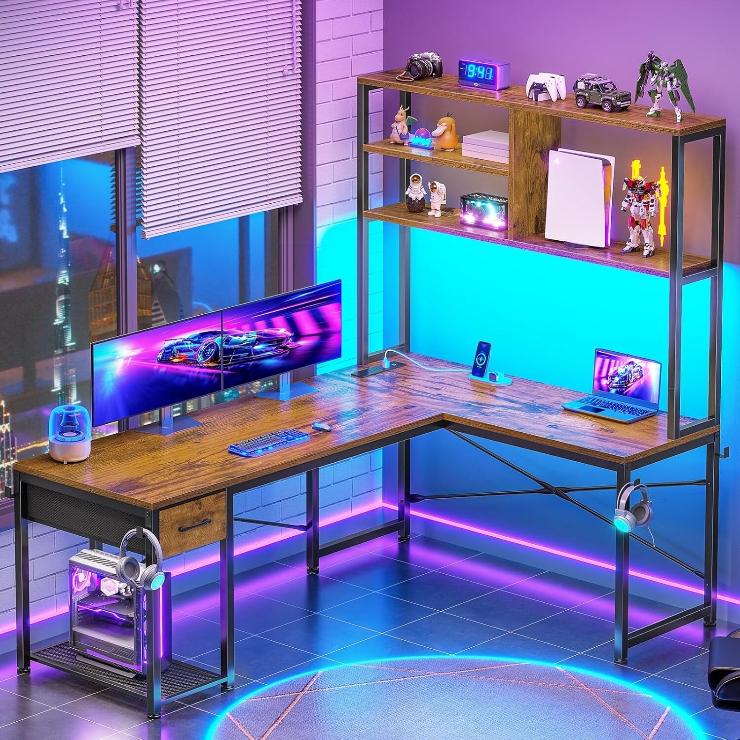 L Shaped Computer Desk with LED Lights and Storage Shelves, Home Office Desk