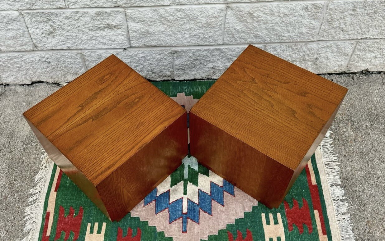 Pair of Walnut Mid Century Modern Cube Shape Side End Tables Plinth Base