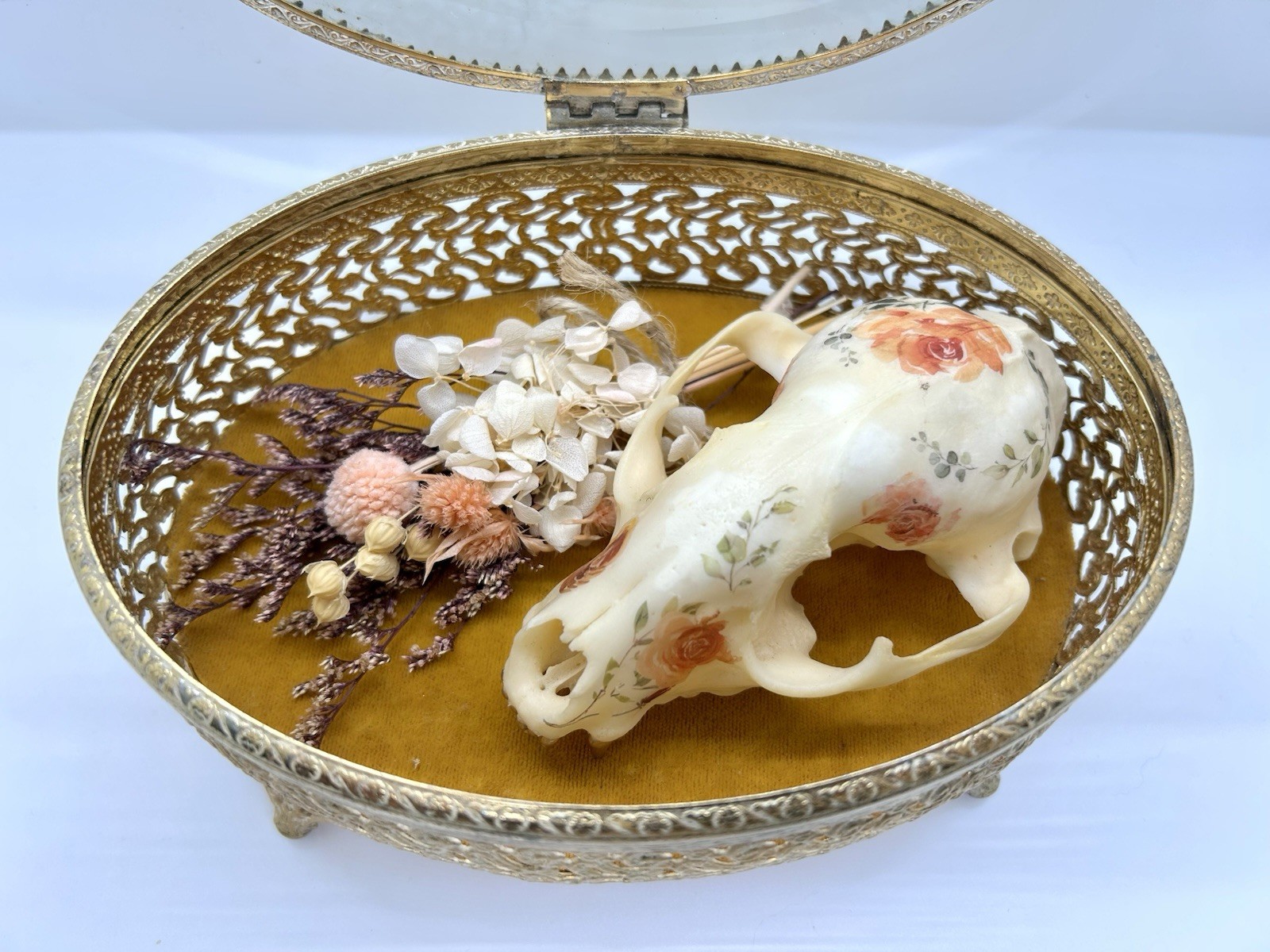 Embellished floral Raccoon Skull Vintage Ormolu/Casket Jewelry Box Dried Flowers