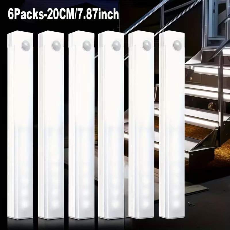 6 PCS SET Bright White Motion Sensor LED Cabinet Lights Compact Glare Light