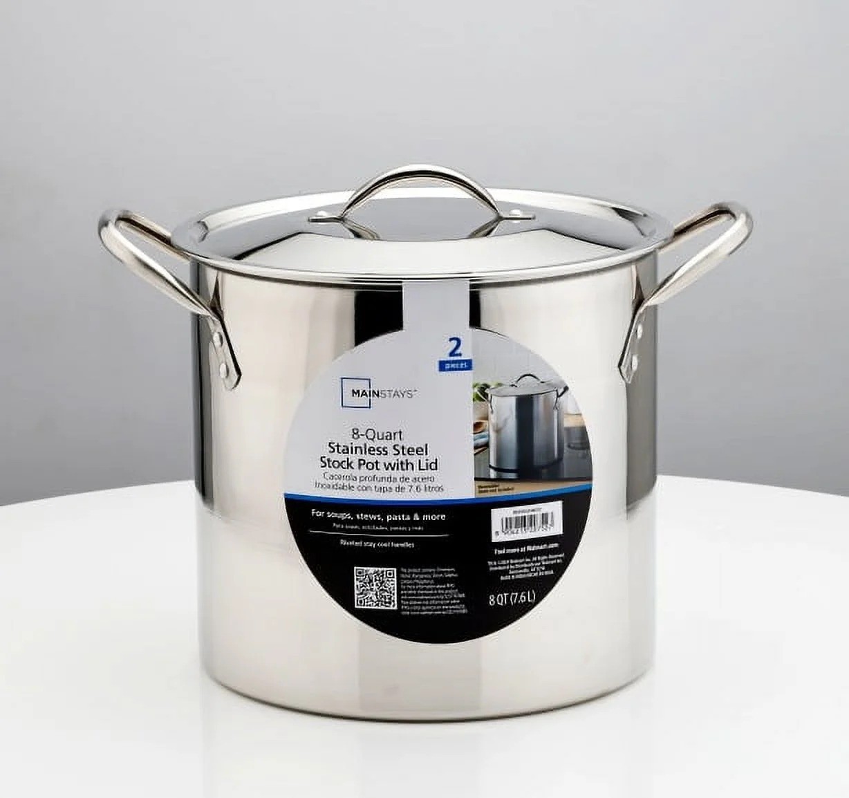 Mainstays 8-Qt Stainless Steel Stock Pot with Lid, Durable, Stay-Cool Handles