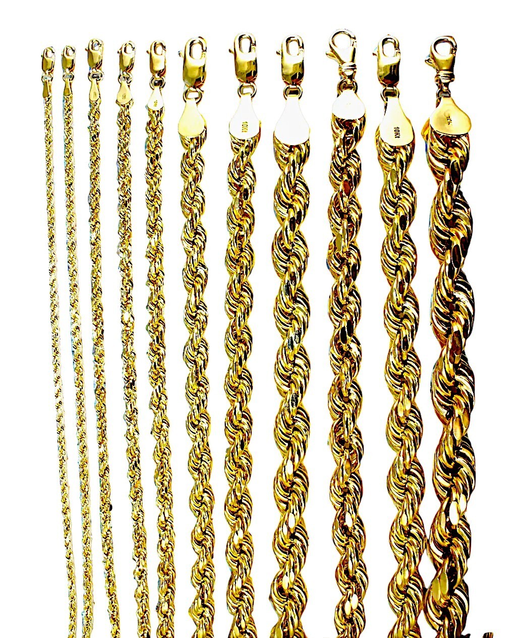 10K Yellow Gold Rope Necklace Bracelet Chain Diamond Cut 2mm-10mm 7"-30"