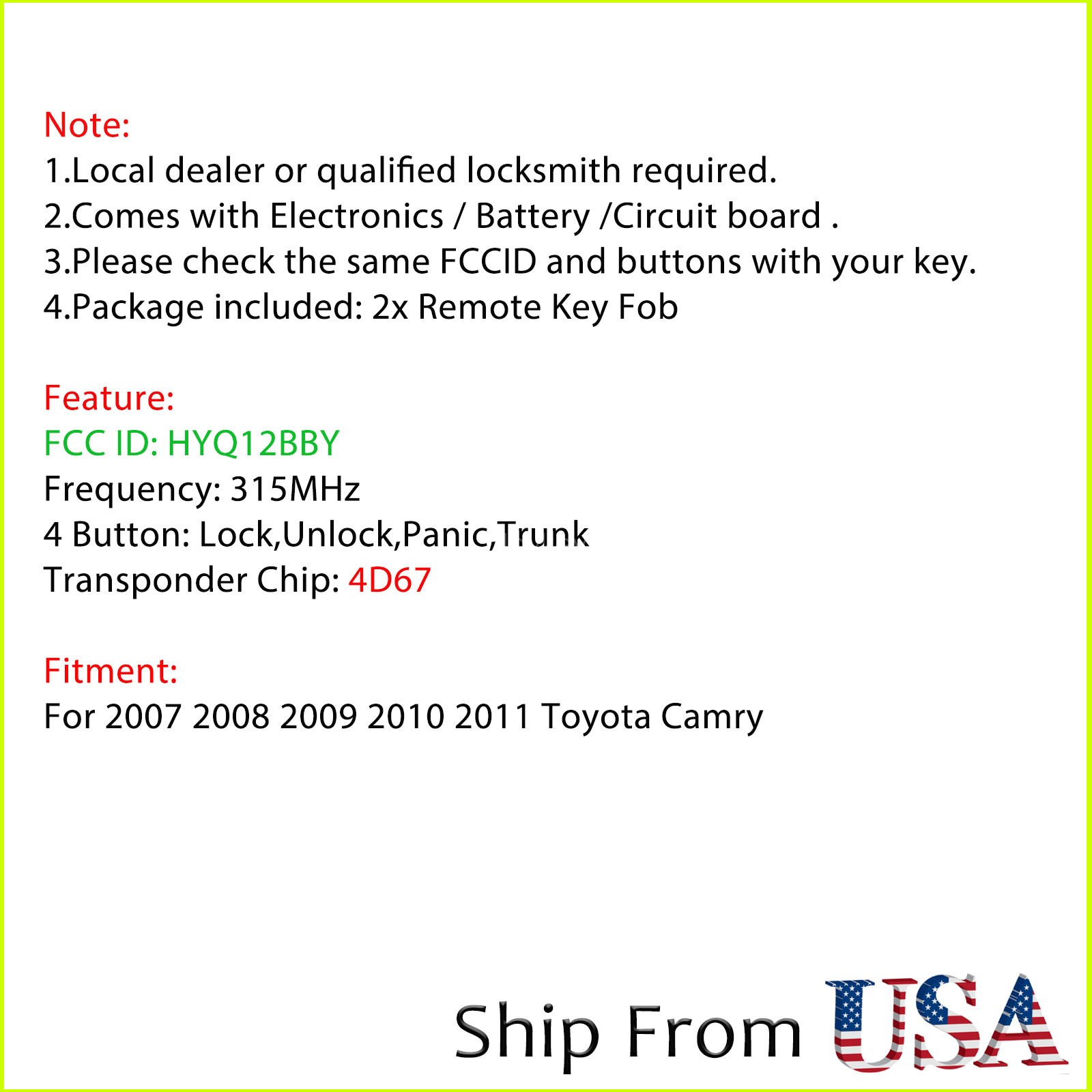 2 For 2007 2008 2009 2010 2011 Toyota Camry Keyless Entry Remote Key Fob 4D67