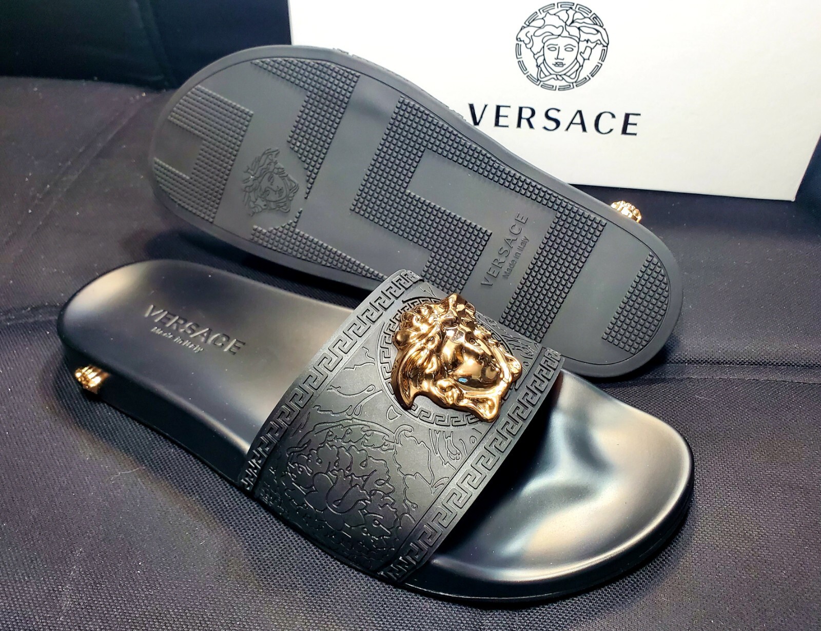 Men's Black Gold Versace Medusa Palazzo Sandals Slides Flip Flops