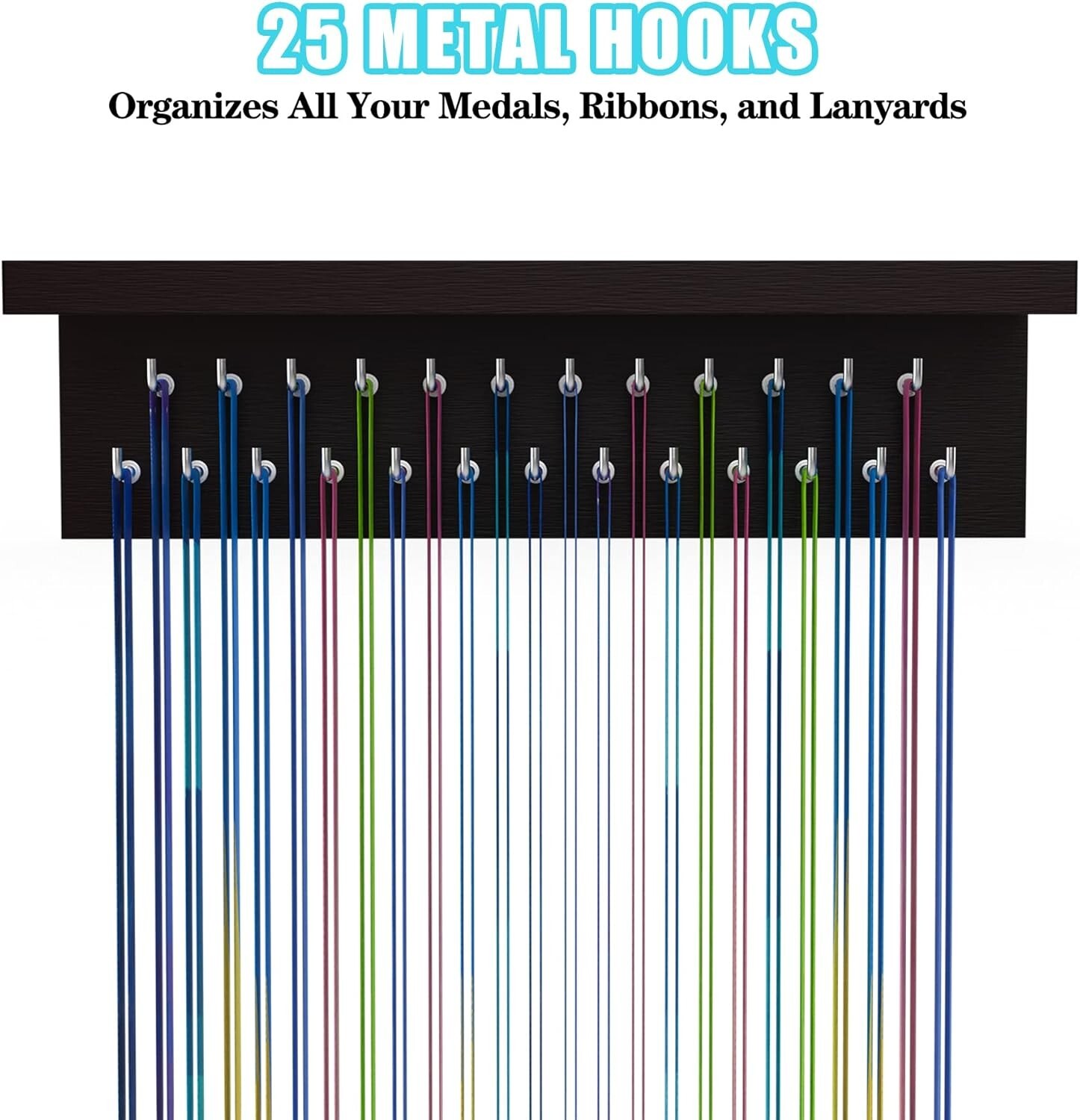 Medal Hanger Display, Non-Slip Trophy Shelf with 25 Hooks, Wall Mount Ribbon Med