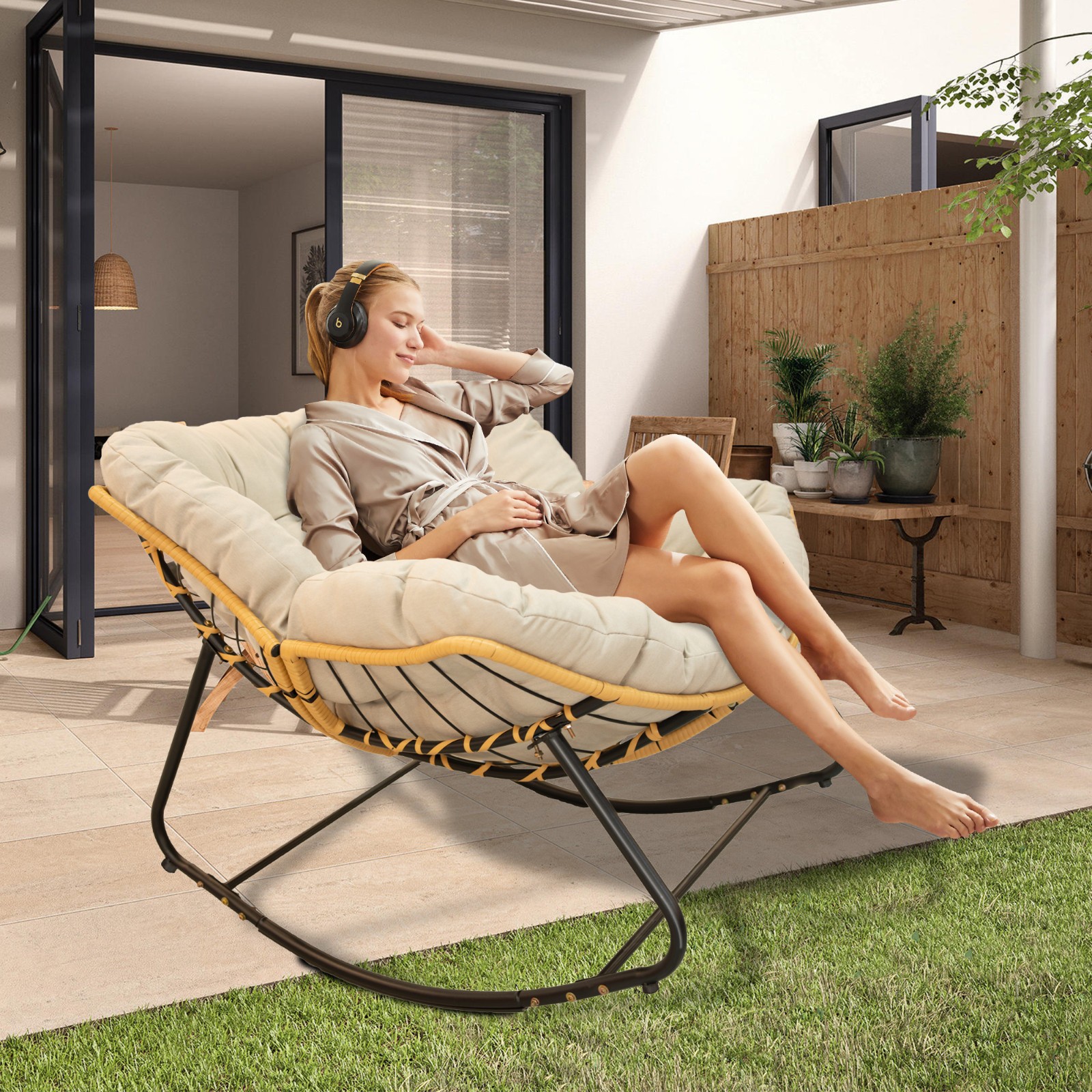 Oversized Rattan Egg Rocking Chair Outdoor Patio Indoor Papasan Chair W/ Cushion