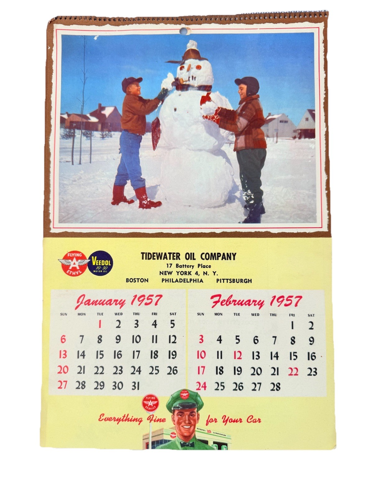 1957 Seasons Greetings Tydol Veedol Flying A Ethyl Oil Advertising Calendar NY