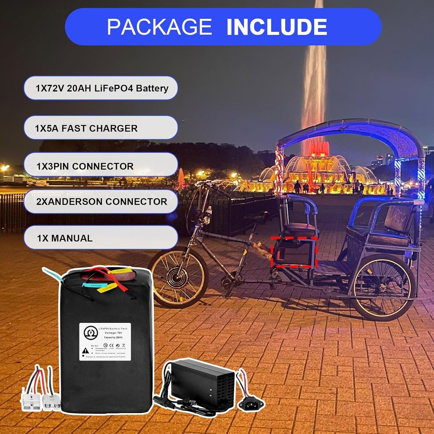 Btr 72V 20Ah LiFepo4 Lithium Battery Pack for 250W-1800W Electric Bike 50A BMS