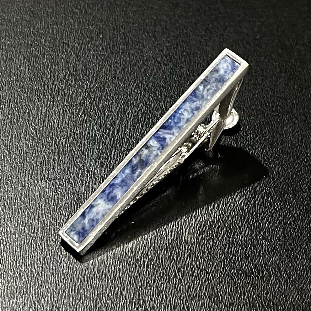 Silver Border Sodalite Stone Tie Clip Men Birthday Wedding Gift Tie Bar